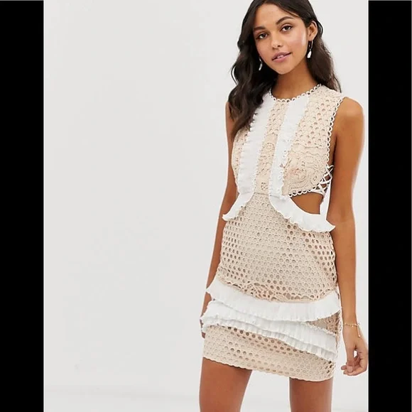 ASOS | Dresses | Asos Design Mini Dress Crochet Lace Frill Trim Cutout  Sides Peach White Bodycon | Poshmark